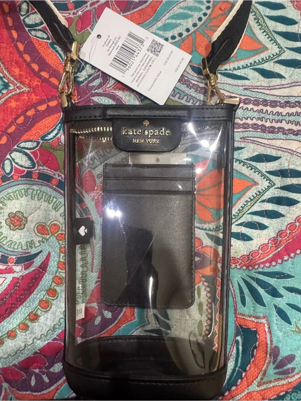 kate spade Clear Crossbody Phone Wallet with Black Trim and Striped Strap